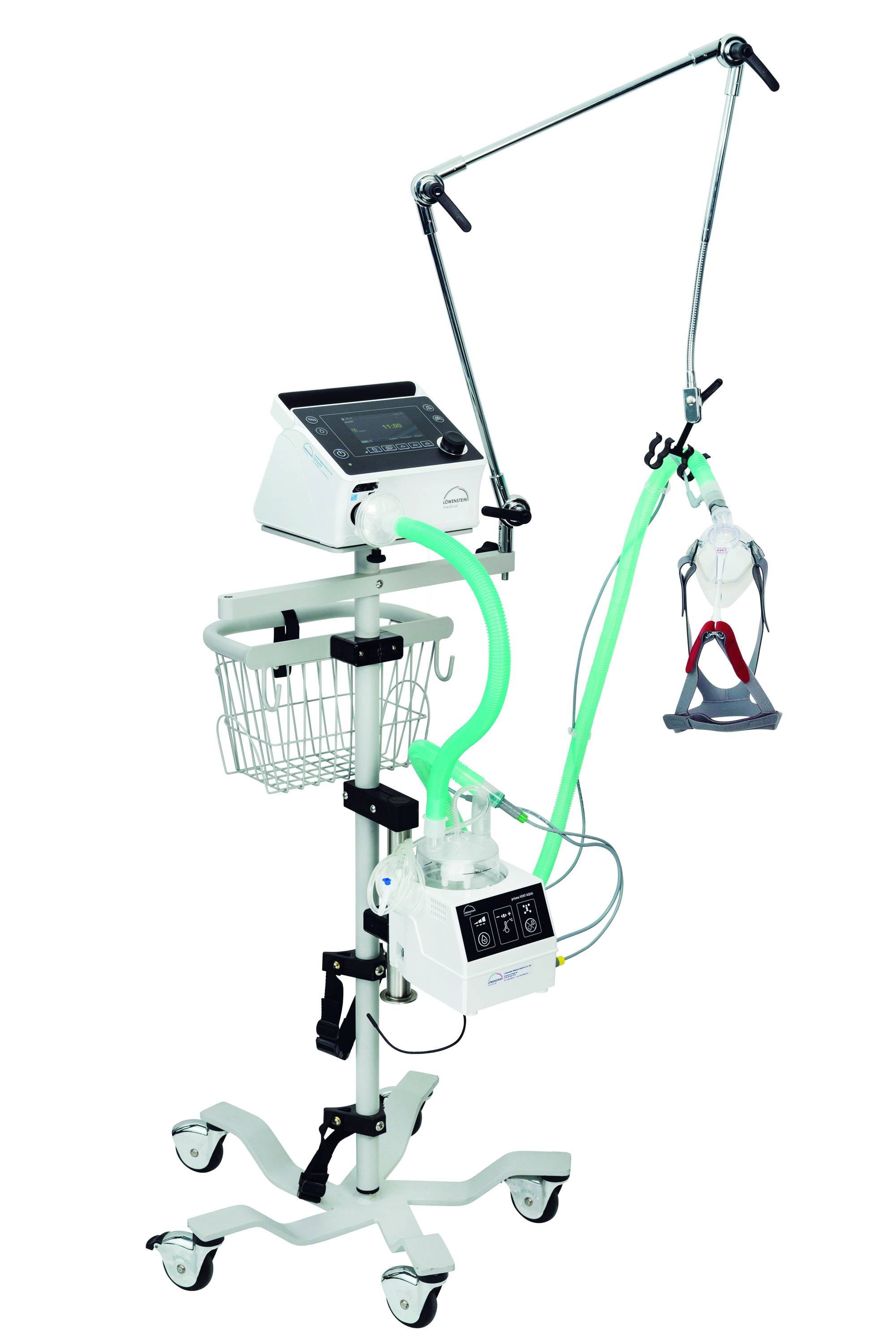Апарат штучної вентиляції легенів prisma VENT 50-C на стійці разом із зволожувачем prisma VENT AQUA і контуром з маскою CARA Full Face